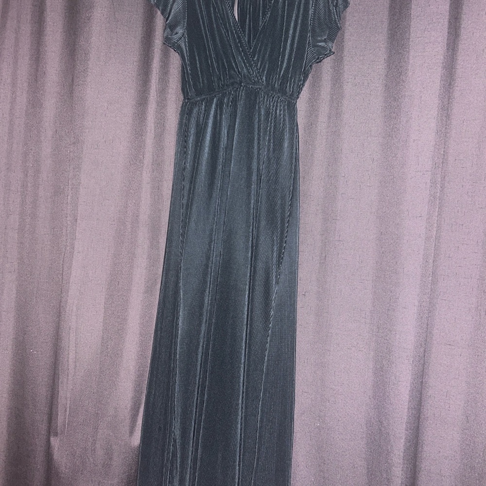 Baltic Born Dress Womens Blue-Green Satin Pleated Flowy Maxi Textured VNECK